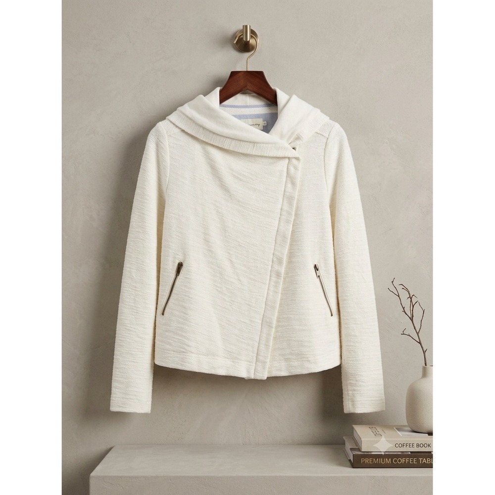Anthropologie Saturday Sunday Ivory Textured Moto Zip Hooded Jacket Cream M